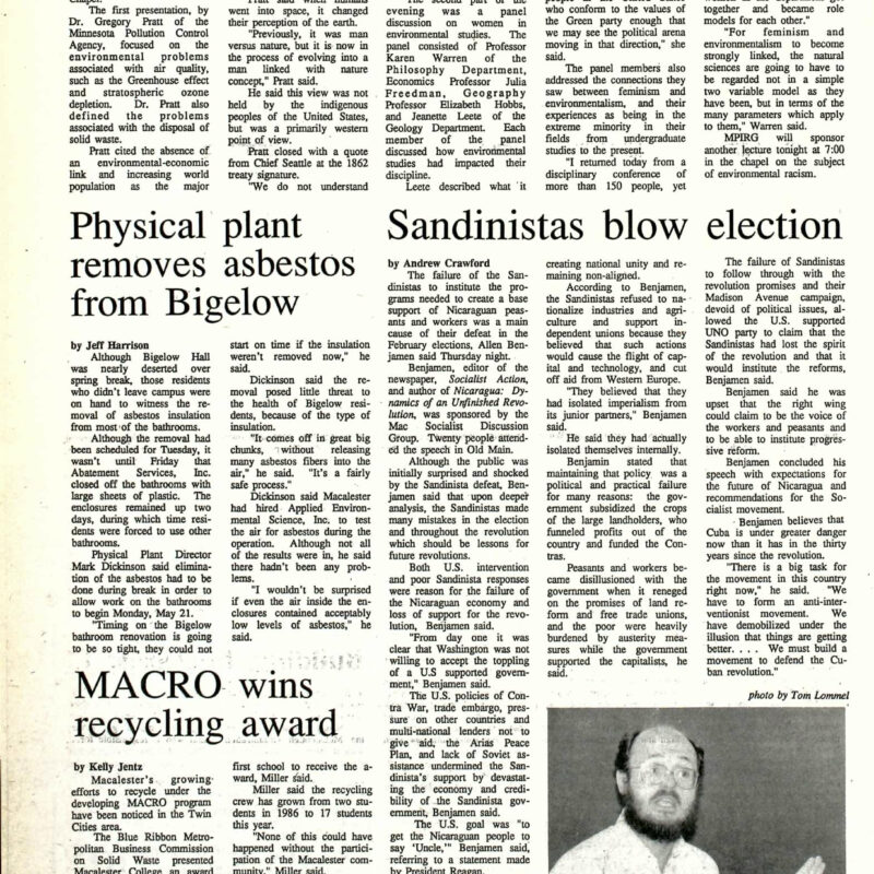 Articles on the environment, Sandinistas, recycling, asbestos removal, from Mac Weekly, April 6, 1990